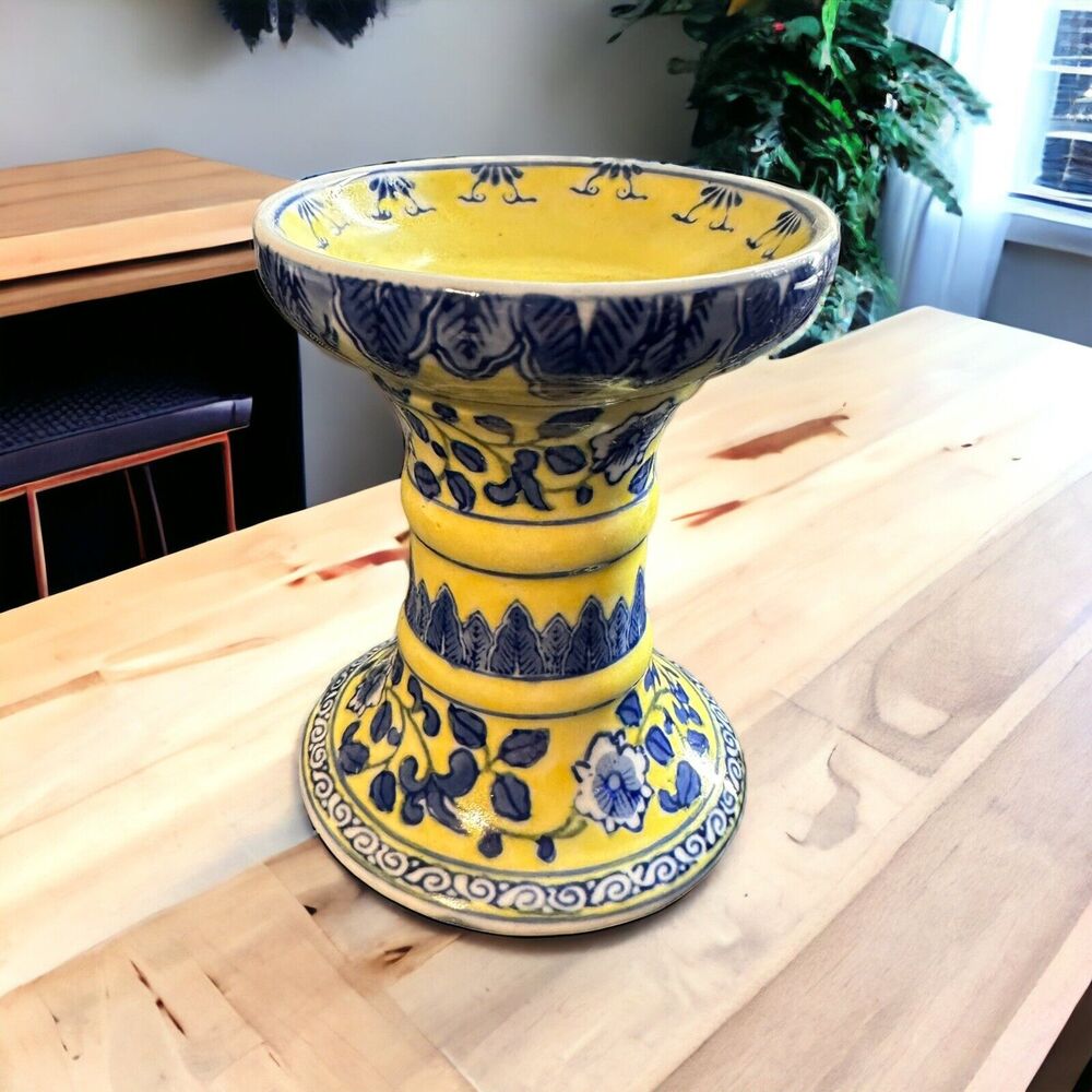 VTG Taper Candle Holder Andrea Sadek Yellow Blue Floral Chinoiserie Cottagecore